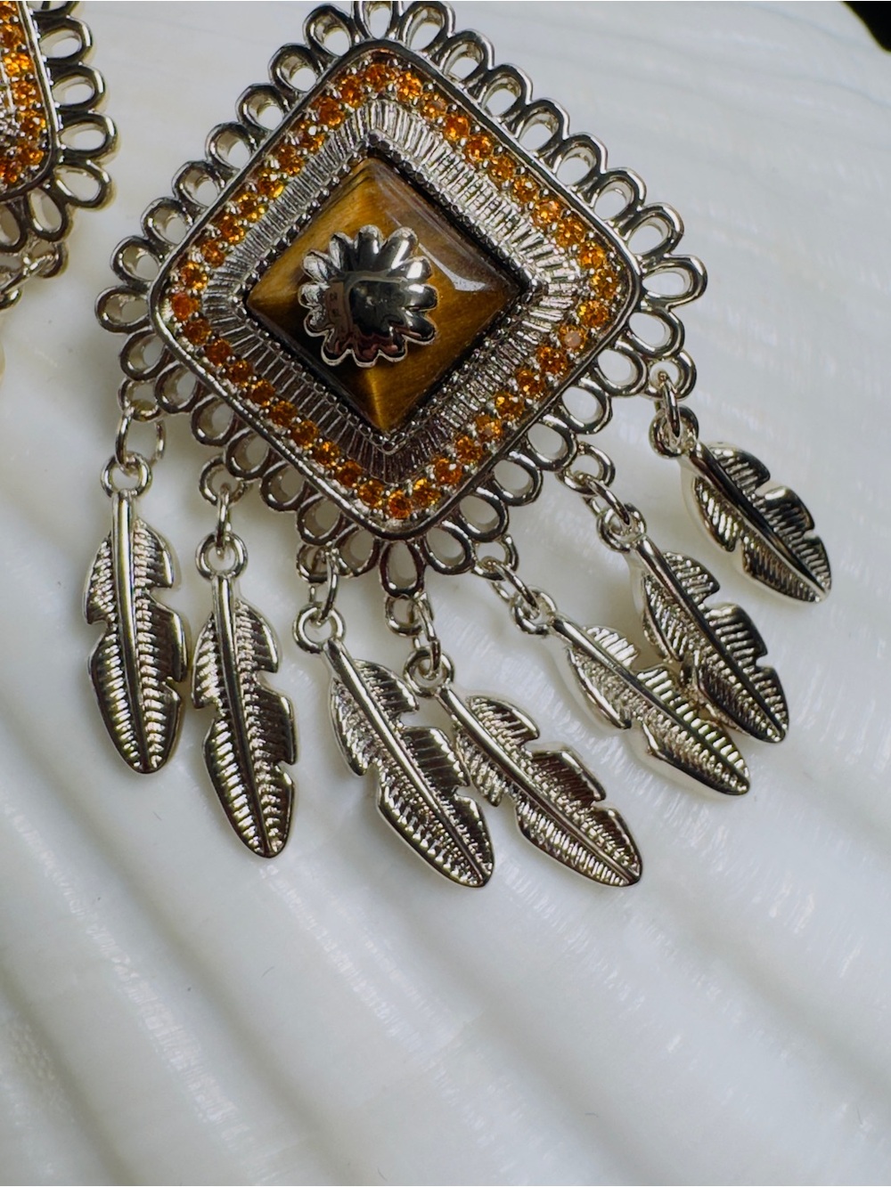 Tiger’s Eye CZ Feather Statement Drop Earrings - Picture 6 of 7